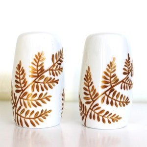 Hand painted salt and pepper shakers, gold ferns, painted fern floral S&P shakers image 7