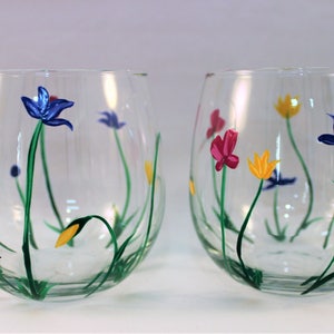 Wild Flowers, hand painted stemless wine glasses, painted wild flowers glasses, set of 2 image 6