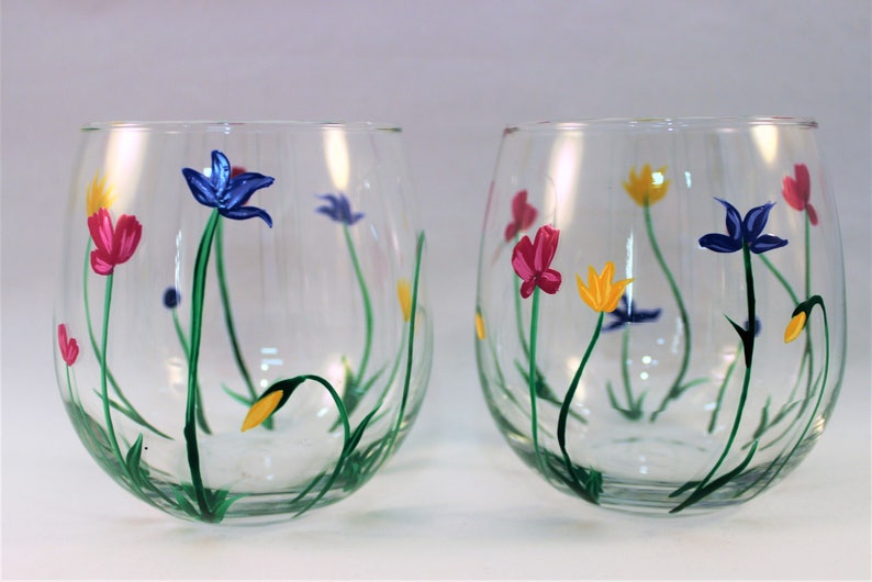 Wild Flowers, hand painted stemless wine glasses, painted wild flowers glasses, set of 2 image 6