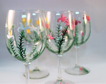 Hand painted lily wine glasses, wild lilies and wild flower glasses, set of 4