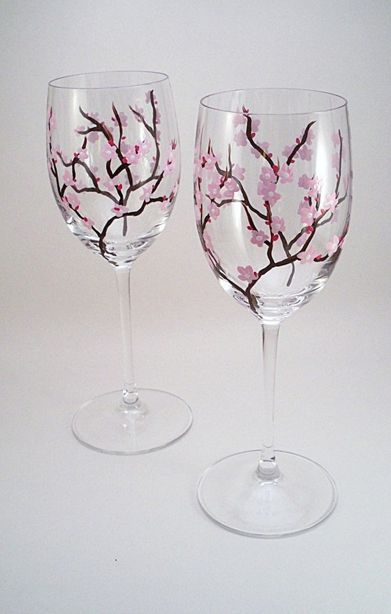 Painted wine glasses with cherry blossoms gift for her set Etsy