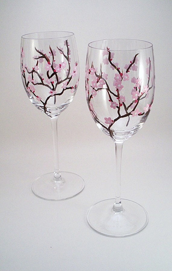 Pink cherry blossoms hand painted wine glasses cherry