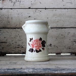 Vintage double handle floral stoneware vase, glazed vintage vase with pink roses