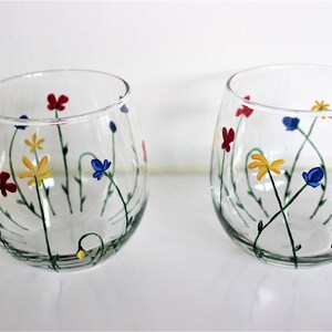 Wild Flowers, hand painted stemless wine glasses, painted wild flowers glasses, set of 2 image 7