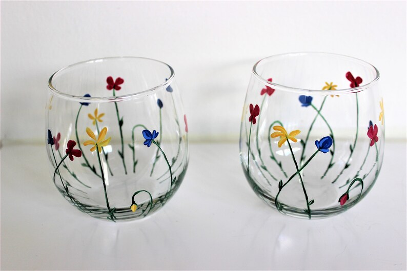 Wild Flowers, hand painted stemless wine glasses, painted wild flowers glasses, set of 2 image 7