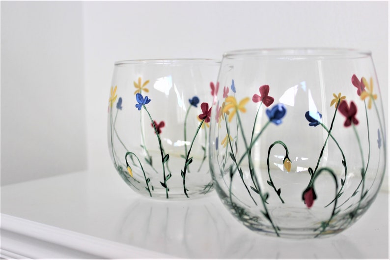 Wild Flowers, hand painted stemless wine glasses, painted wild flowers glasses, set of 2 image 9