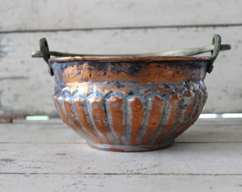 Antique copper-plated cauldron pot with heavy brass handle - primitive pot, rustic home décor