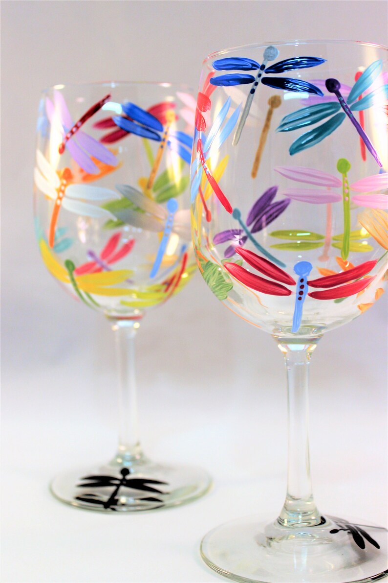 Hand painted wine glasses with multicolor dragonflies painted image 0