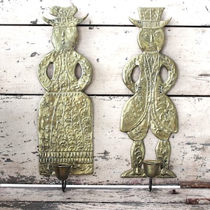Vintage Danish Brass Candle Sconces: Folk Art Mid Century Modern Decor