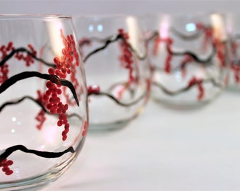 Hand painted stemless wine glasses with red winter berries, set of 4