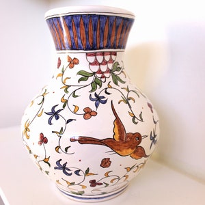 Vintage hand painted ceramic vase from Brazil, Brazilian hand painted bird and flower vase, vintage