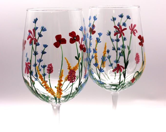 Wild flower hand painted wine glasses, hand painted gift, painted wine glasses with wild flowers - set of 2