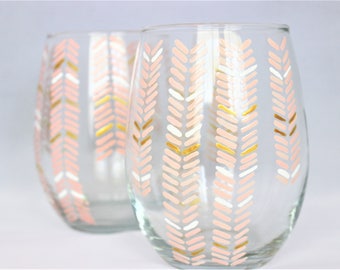 Chevron design in peach, white and gold, hand painted stemless wine glasses, set of 2