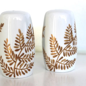 Hand painted salt and pepper shakers, gold ferns, painted fern floral S&P shakers image 1