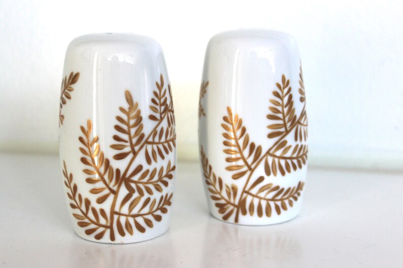 Hand painted salt and pepper shakers, gold ferns, painted fern floral S&P shakers image 1