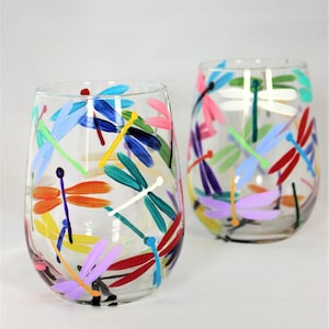 Hand Painted Dragonfly Stemless Wine Glasses - Colorful Set of 2