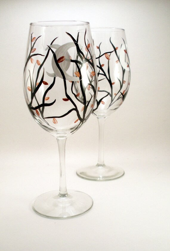 Hand painted wine glasses with crescent moon and autumn leaves, fall glassware set, set of 2