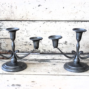 Pair of vintage solid pewter candelabras, vintage pewter triple candle holders