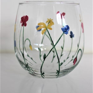 Wild Flowers, hand painted stemless wine glasses, painted wild flowers glasses, set of 2 image 10