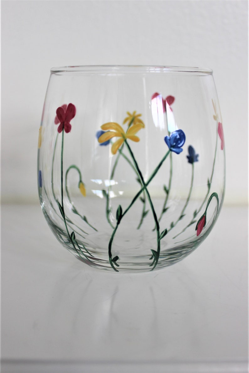 Wild Flowers, hand painted stemless wine glasses, painted wild flowers glasses, set of 2 image 10