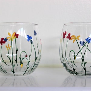 Wild Flowers, hand painted stemless wine glasses, painted wild flowers glasses, set of 2 image 1