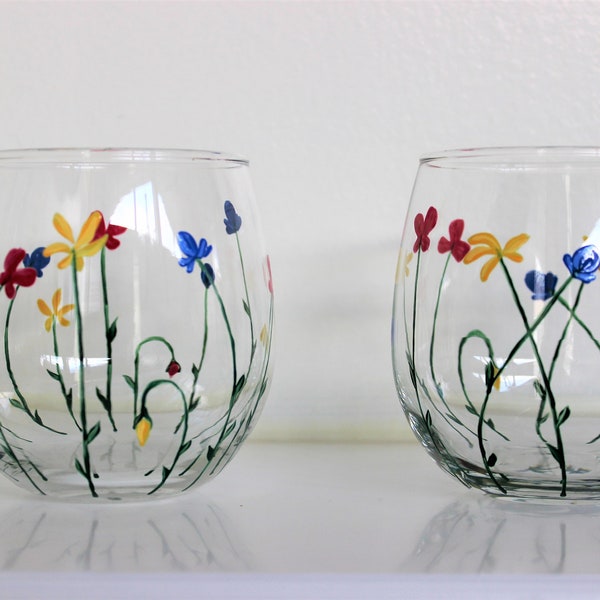 Wild Flowers, hand painted stemless wine glasses, painted wild flowers glasses, set of 2