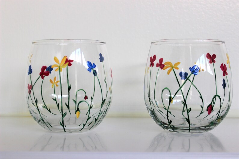 Wild Flowers, hand painted stemless wine glasses, painted wild flowers glasses, set of 2 image 1