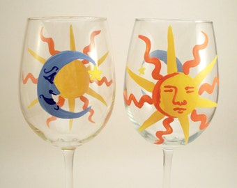 Hand painted wine glasses with sun and moon, man in the moon, sun with face, painted glassware, set of 2