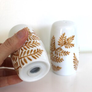 Hand painted salt and pepper shakers, gold ferns, painted fern floral S&P shakers image 10