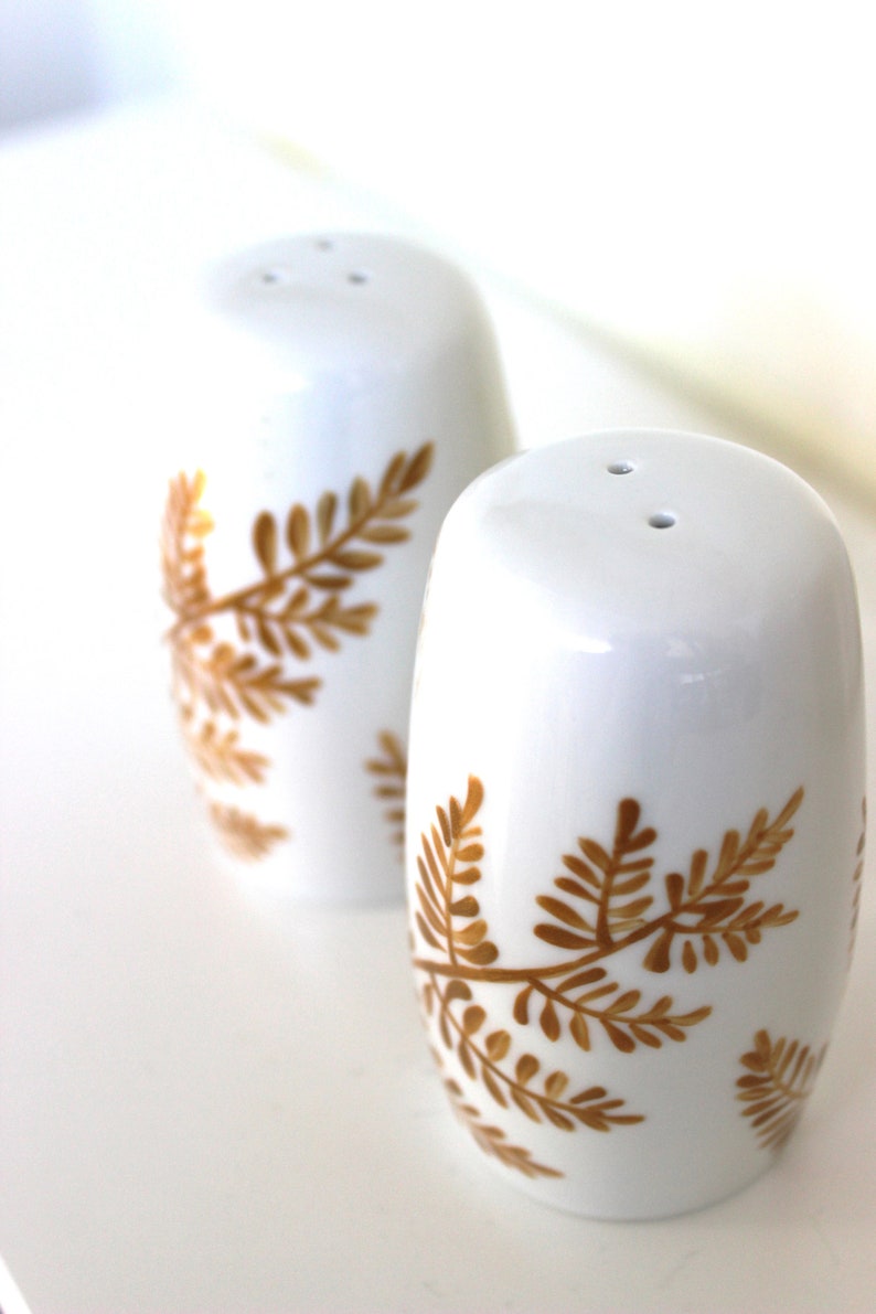 Hand painted salt and pepper shakers, gold ferns, painted fern floral S&P shakers image 9