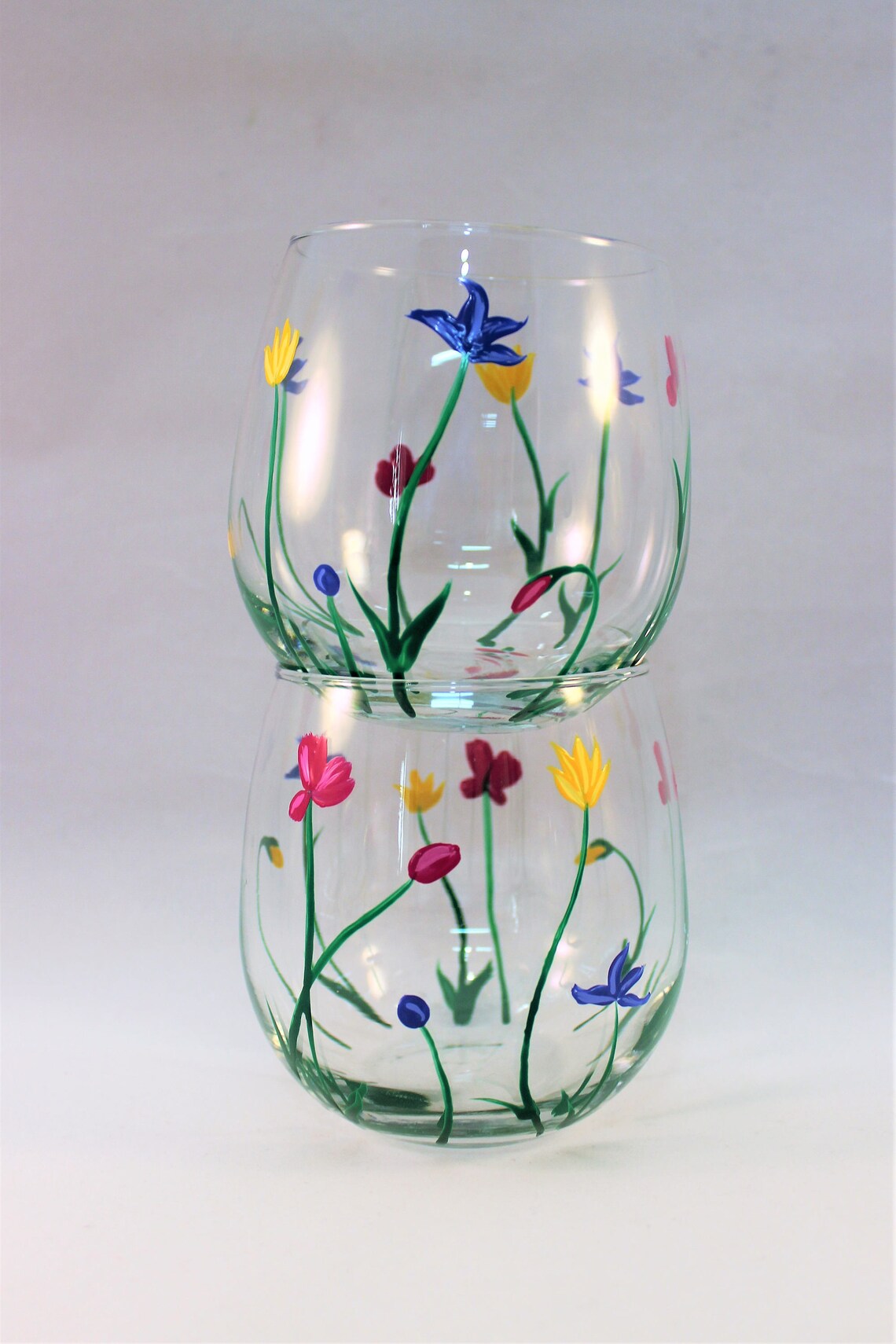 Wild Flowers hand painted stemless wine glasses painted wild image 1