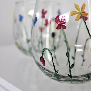 Wild Flowers, hand painted stemless wine glasses, painted wild flowers glasses, set of 2 image 8