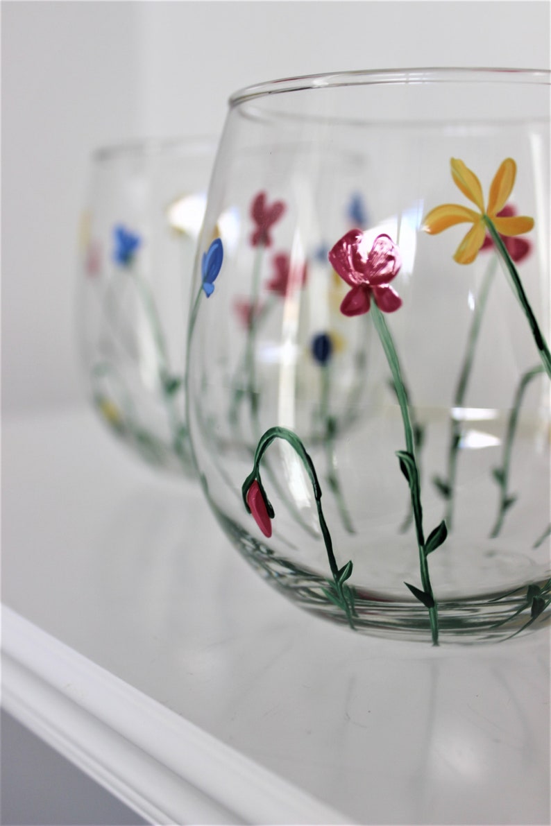 Wild Flowers, hand painted stemless wine glasses, painted wild flowers glasses, set of 2 image 8