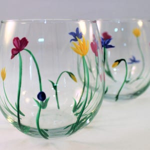Wild Flowers, hand painted stemless wine glasses, painted wild flowers glasses, set of 2 image 5