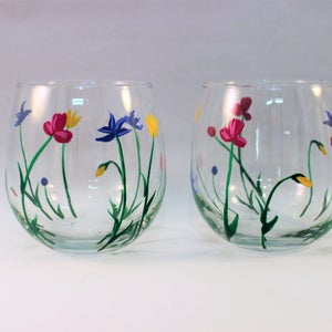 Wild Flowers, hand painted stemless wine glasses, painted wild flowers glasses, set of 2 image 4