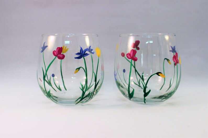 Wild Flowers, hand painted stemless wine glasses, painted wild flowers glasses, set of 2 image 4