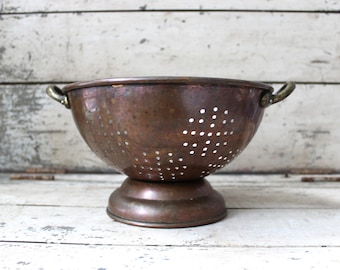 Vintage copper plated colander, vintage copper and aluminum pedestal strainer