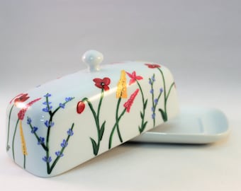 Hand painted butter dish with wild flowers, house warming gift - ready to ship