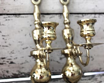 Vintage brass candle sconces - pair of shiny brass candle holder wall sconces