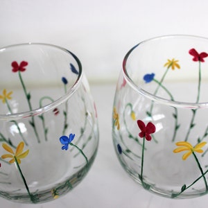 Wild Flowers, hand painted stemless wine glasses, painted wild flowers glasses, set of 2 image 2