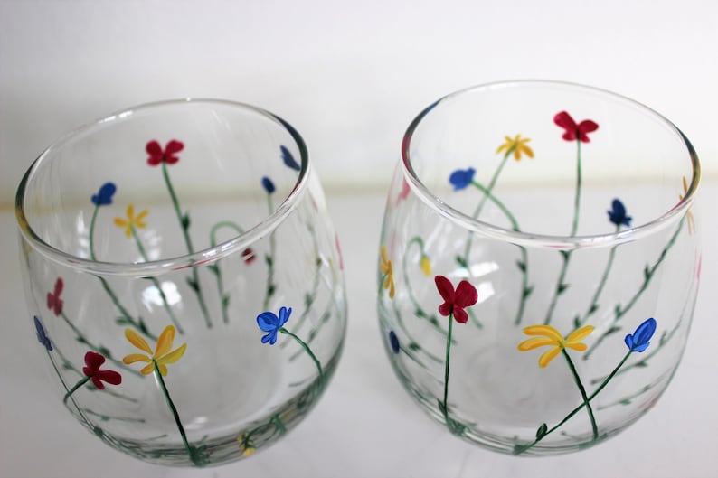 Wild Flowers, hand painted stemless wine glasses, painted wild flowers glasses, set of 2 image 2