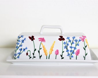 Hand painted butter dish with wild flowers, house warming gift
