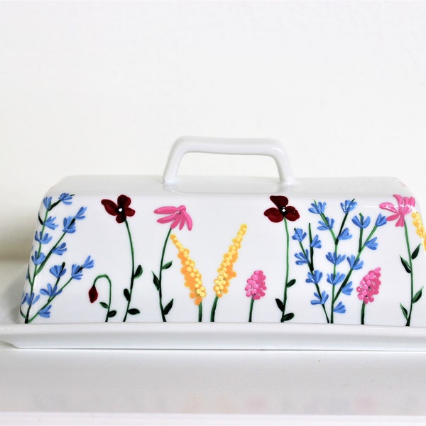 Hand painted butter dish with wild flowers, house warming gift