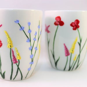 Wild flower coffee mugs, hand painted mugs with wild flowers, set of 2