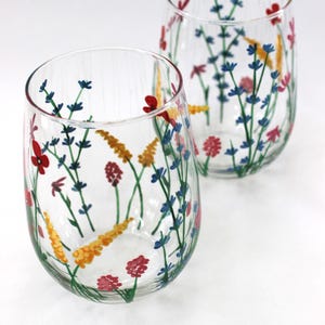 Hand painted stemless wine glasses with wild flowers, painted wildflower design glassware