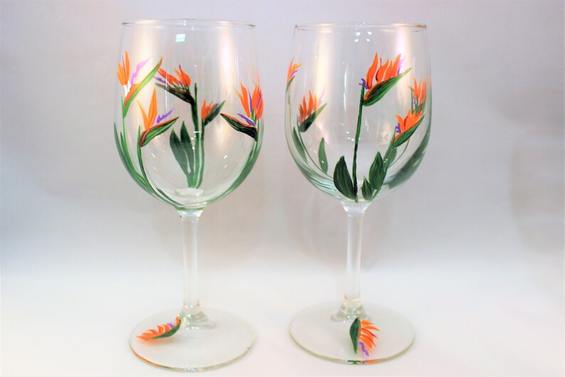 Hand Painted Wine Glasses With Birds of Paradise Flowers Bird Etsy