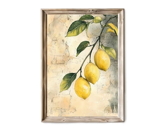 May include: Watercolor print of lemons on a branch with green leaves, set against a textured, off-white background. The artwork is framed in a rustic, light-brown wooden frame, suitable for kitchen or dining room decor.