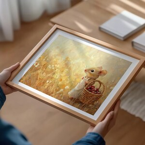 May include: A framed illustration of a small, brown mouse wearing a white dress and carrying a basket of red berries. The mouse is standing in a field of yellow wildflowers.
