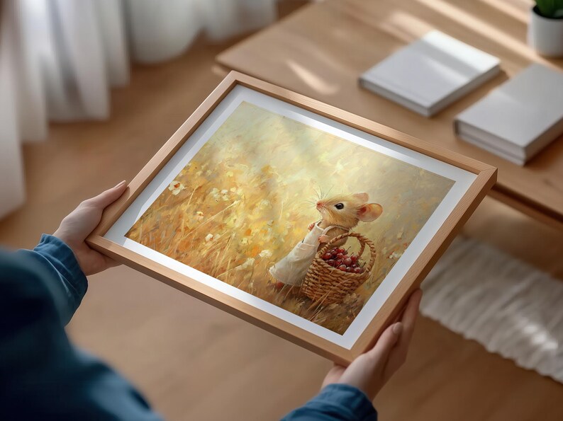 May include: A framed illustration of a small, brown mouse wearing a white dress and carrying a basket of red berries. The mouse is standing in a field of yellow wildflowers.