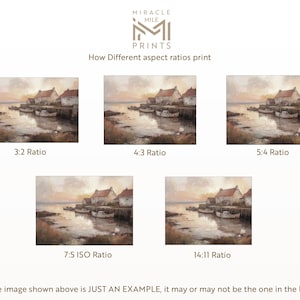 May include: A graphic showing how different aspect ratios affect the appearance of a print of a painting of a seascape with a small village. The painting shows a sunset over a calm body of water with boats docked at a pier. The text below each image shows the aspect ratio.